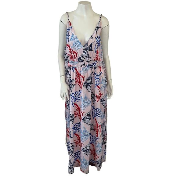 NWT Loft Fish Print Double Side Tie Maxi Dress Size XL Resort Beach Tropical - Picture 1 of 15